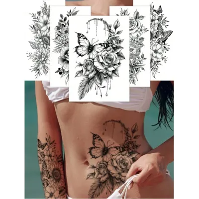 Komplet 5 večjih tattoo nalepk z metulji in rožami